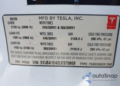2020 Tesla Model S Performance Dual Motor All-Wheel Drive из США, поврежденный, VIN 5YJSA1E42LF379869
